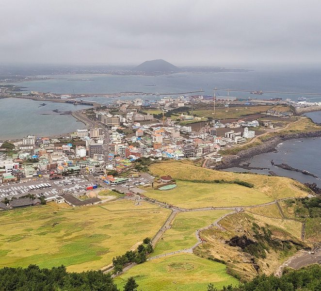 Seongsan town and harbor seen from Seongsan Ilchulbong, Jeju